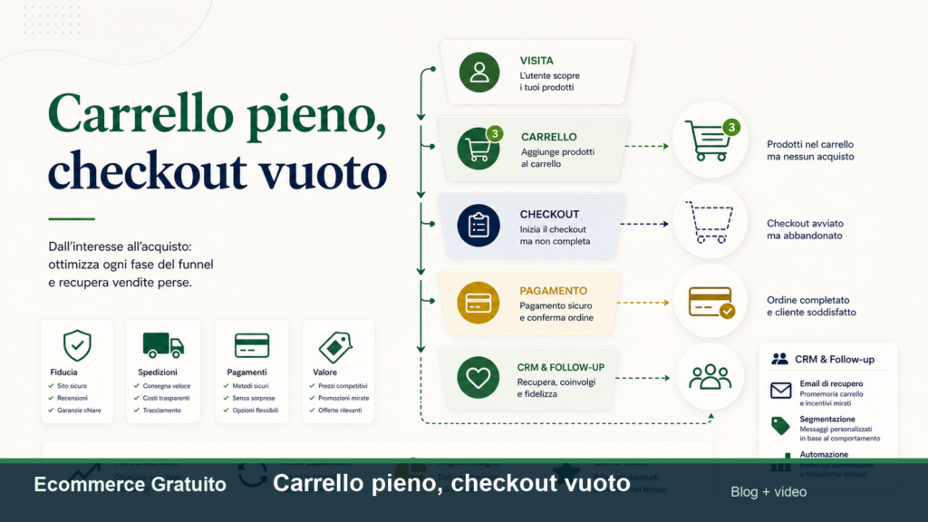 Funnel ecommerce italiano con carrello, checkout, pagamento e follow-up CRM.