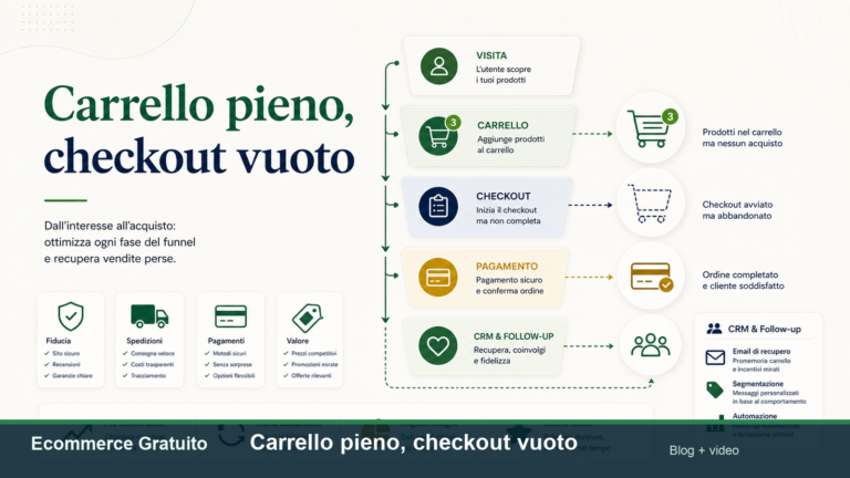 Funnel ecommerce italiano con carrello, checkout, pagamento e follow-up CRM.