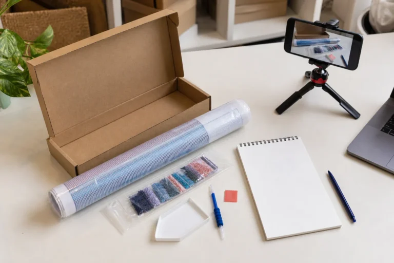Componenti di un kit diamond painting preparati per fotografie di prodotto