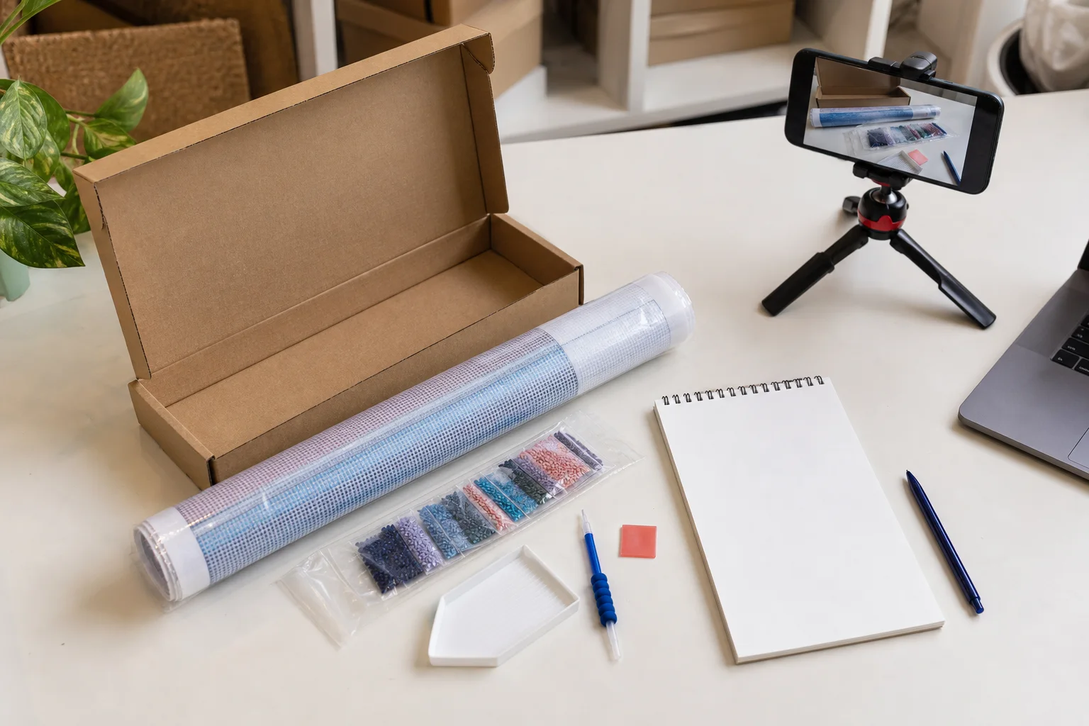 Componenti di un kit diamond painting preparati per fotografie di prodotto